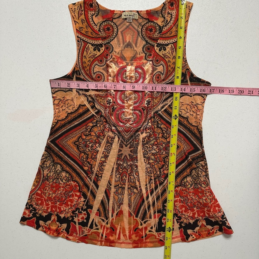 One World Paisley Blouse Sleeveless Tank Red Black Orange Scoop Neck Sequin Sz S - Picture 6 of 6